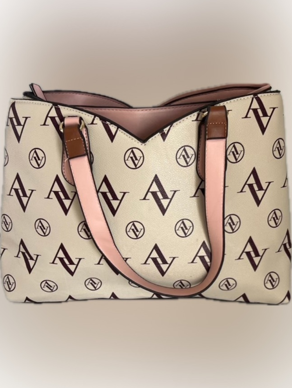 Adrienne Vittadini Beige, Pink & Brown Logo Tote with Gold Hardware - Picture 4 of 11